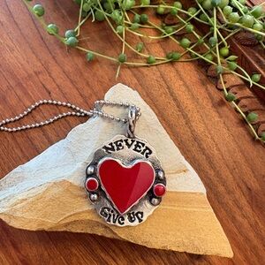 Sweet Bird Studios Pewter Enamel Red Heart 'Never Give Up' Pendant Necklace New